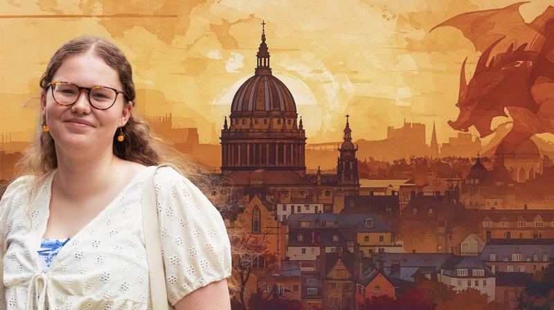 A young woman with glasses and long fair hair standing face on against an illustrated backdrop of Oxford with a mythical creature in the background