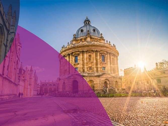 The Radcliffe Camera Oxford at sunset with purple and blue opaque graphics on the left hand side