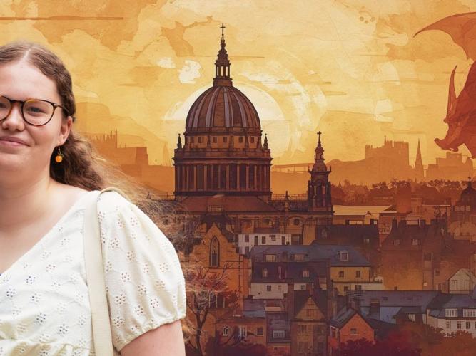 A young woman with glasses and long fair hair standing face on against an illustrated backdrop of Oxford with a mythical creature in the background