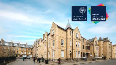 Rewley House in Oxford, home of Oxford Lifelong Learning, shown with University of Oxford and Oxford Lifelong Learning logos overlaid in the top right.