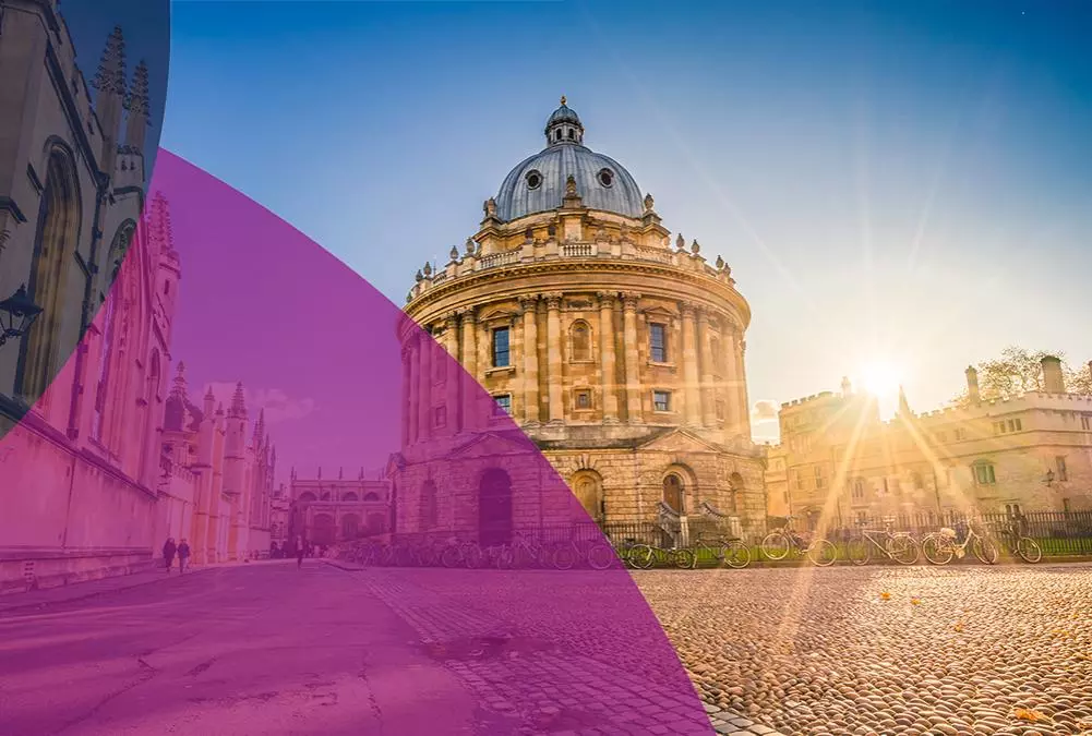 The Radcliffe Camera Oxford at sunset with purple and blue opaque graphics on the left hand side