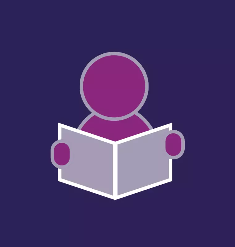 Basic cartoon graphic of a person reading a book